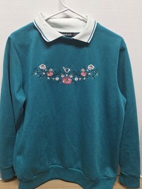 Vintage Ladies Club Teal Embroidered Floral Collared Sweatshirt - Size Medium